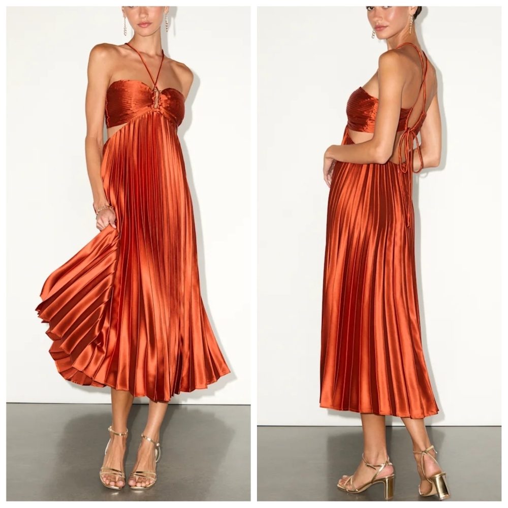 Lulus Aerin Pleated Cutout A-Line Midi Dress Rust Satin | XS | NWT